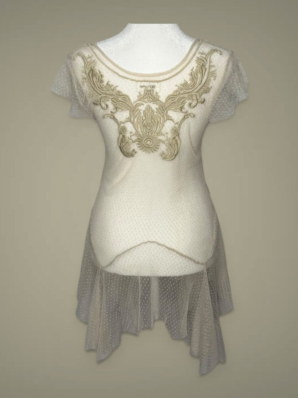 Biya by Johnny Was Embroidered Mesh Handkerchief Hem Top- Size XS - Picture 2 of 4